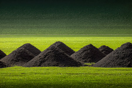 Uniform clusters of rich, dark earth create orderly rows on a vibrant grassy pasture, illuminated gently by daylight in an expansive, open outdoor setting.の写真素材