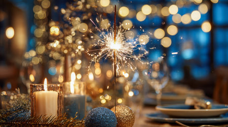 A luminous sparkler sparkles beside softly flickering candles and shimmering holiday decorations, set against a background of cozy, glowing bokeh lights.の写真素材