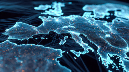 A vibrant digital map of Europe featuring glowing lines and nodes that depict interconnected data pathways, emphasizing cutting-edge communication and tech networksの写真素材