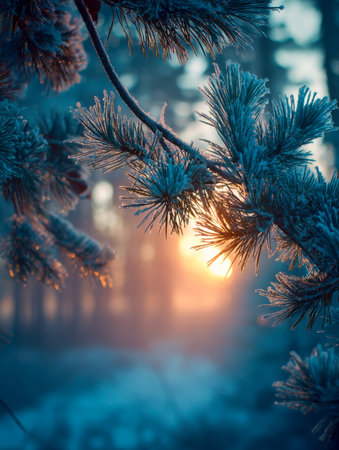 Delicate pine tips dusted with frost catch the gentle glow of dawn, illuminating a peaceful winter landscape with snow blanketing the quiet forest floor.の写真素材