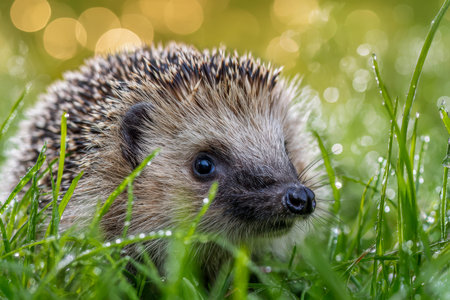 A tiny wild hedgehog wanders through lush, dewy grass bathed in gentle sunlight, creating a tranquil...
