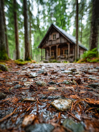 A tranquil retreat amid towering trees, with glistening stones and scattered pine needles forming a peaceful, earthy scene that evokes calm and solitude.の写真素材