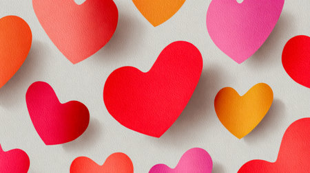 Vibrant 3d hearts in rich reds, soft pinks, and warm oranges form a lively, joyful pattern against a subtle light backdrop, perfect for festive occasions.の写真素材