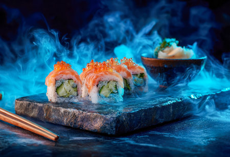 Elegant sushi platter featuring vibrant rolls with crisp cucumber and bright fish eggs, presented on a matte dark stone dish under moody blue illumination, accompaniの写真素材