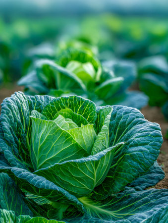 Fresh, lush green cabbages emerge from rich soil, basking in gentle dawn in a flourishing farm...
