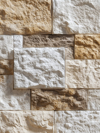 A rugged wall composed of irregularly arranged natural stone blocks in warm beige and brown hues,...