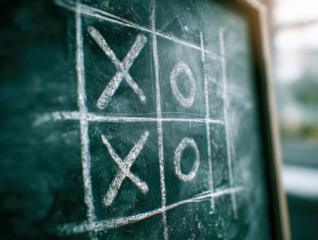 A lively classroom scene featuring a hand-drawn tic-tac-toe grid on a vibrant green chalkboard, showcasing two full rows of Xs and Os, capturing a fun indoor break.の写真素材
