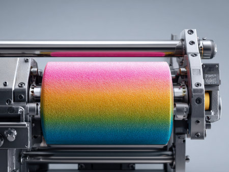 A close-up of a high-precision manufacturing roller displaying a striking gradient shift from pink to blue, set against a subdued gray backdrop, emphasizing craftsmaの写真素材