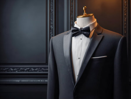 A sleek black tuxedo featuring smooth satin accents on lapels and a matching bow tie, set against a refined dark wood-paneled backdrop for a timeless, upscale look.の写真素材