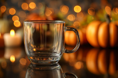 A clear glass cup captures gentle golden light, creating a cozy atmosphere accented by blurred autumnal pumpkins on a glossy tabletop.の写真素材