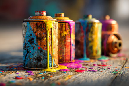 A collection of aged spray paint containers showcases bold, melting hues of yellow, pink, blue, and orange amid a canvas of scattered paint splatters on a rough wooden ouの写真素材