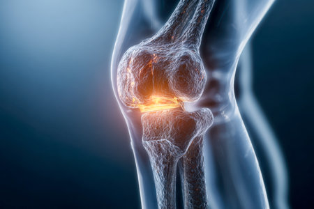 A vivid, translucent cross-section of a human knee reveals inflamed regions and pain points, emphasizing bones and soft tissues for medical research and education.の写真素材