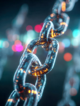 Neon-lit digital links intertwine over a dynamic city backdrop, illustrating the seamless flow of data and secure connections in advanced blockchain networks.の写真素材