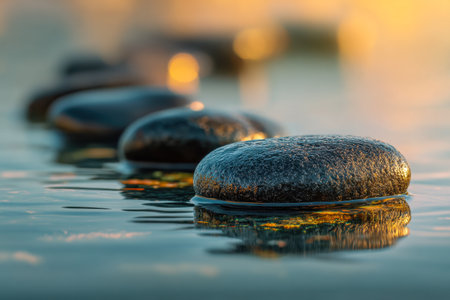 Gentle black pebbles lie serenely on a still water surface, their subtle shine capturing delicate reflections that evoke tranquility and mindfulness amid nature.の写真素材