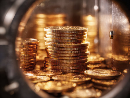 An array of lustrous gold coins fills an antique metal vault, radiating warmth and texture, symbolizing prosperity, prudent savings, and secure investments.の写真素材