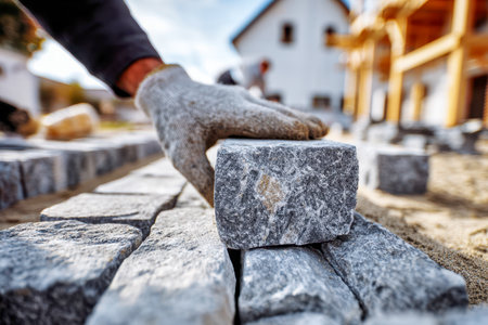 A skilled laborer dons protective gloves as they meticulously position earthy-toned stones, crafting a charming pathway beside sunny residential homes.の写真素材