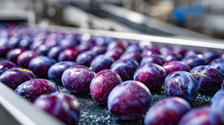Juicy purple plums glisten with dew as they move along a sleek conveyor in a state-of-the-art facility, ready for sorting, packing, and global shipment.の写真素材