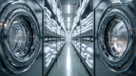 A busy industrial laundry room features organized stacks of pristine linens alongside polished stainless steel washers, highlighting efficiency and cleanliness in a profeの写真素材