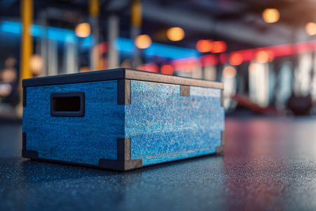 A vibrant blue wooden box ready for explosive training, set on a gym floor with soft lighting and subtly blurred workout gear in the backdrop.の写真素材