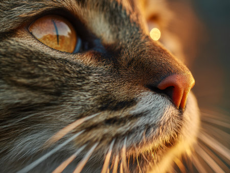 A close-up of a striking tabby cat's face bathed in soft, golden sunlight, highlighting its amber eyes, intricate fur patterns, and delicate whiskers amid a tranquilの写真素材