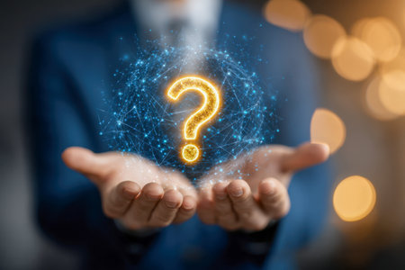 A professional male figure, illuminated by a radiant symbol, amidst a web of vibrant blue digital links, representing innovation and strategic thinking in tech sceneの写真素材