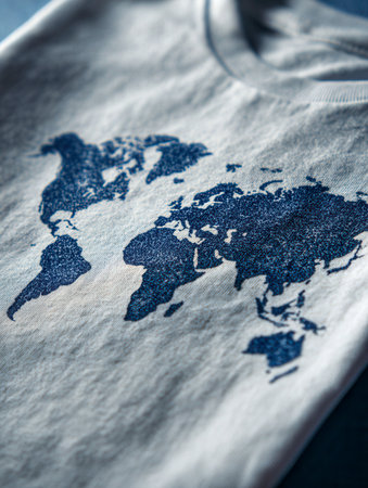 A comfy gray tee showcases an intricate dark blue world map, highlighting textured landforms and ocean patterns, perfect for effortless streetwear with a worldly vibの写真素材