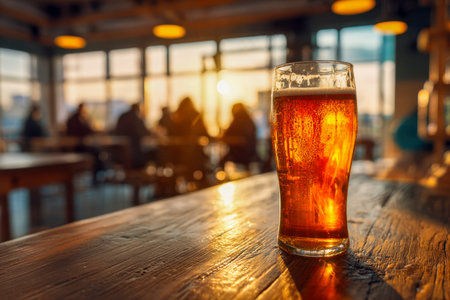 A golden-hued ale catching warm sunlight, resting on rustic wood amid a cozy bar ambiance where lively conversations softly blur in the background.の写真素材