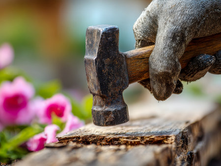 A gloved hand grips an aged hammer, poised above a sturdy timber, set against a soft-focus backdrop of delicate pink blossoms during outdoor craftsmanship.の写真素材