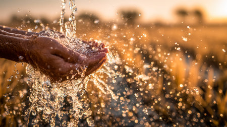 Soft rays of sunset illuminate a tranquil rural scene as tender hands cradle shimmering water...