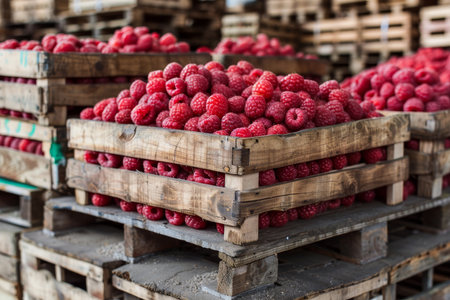 Fresh red raspberries in wooden crates - food advertisement image for sale on stockの写真素材