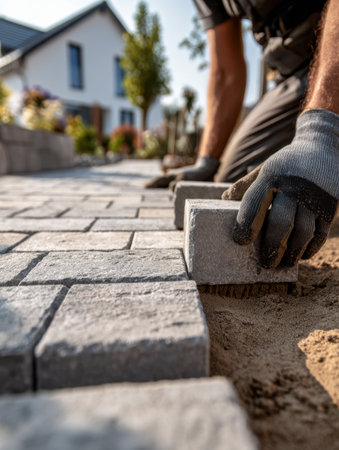 A laborer carefully positions rectangular stones onto loose sand, shaping a new outdoor path beside a sleek, contemporary home during daytime renovation activities.の写真素材