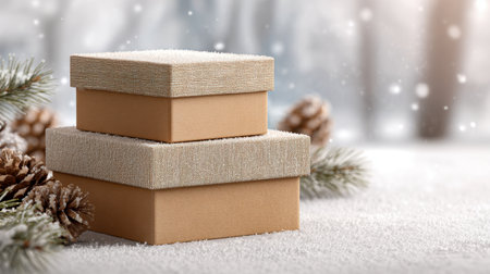 A cozy winter scene features two patterned gift boxes layered atop a snowy surface, accented by pine cones and lush evergreen foliage amid gentle snowfall.の写真素材