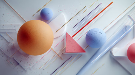 Vibrant 3d geometric art showcasing bold spheres, a triangle, and dynamic lines against a sleek, subtle backdrop accentuated by artistic speckles and soft shadows.の写真素材