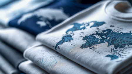 Cozy folded sweaters adorned with intricate world map designs in cool blue and gray tones, evoking themes of adventure, exploration, and global wanderlust through faの写真素材