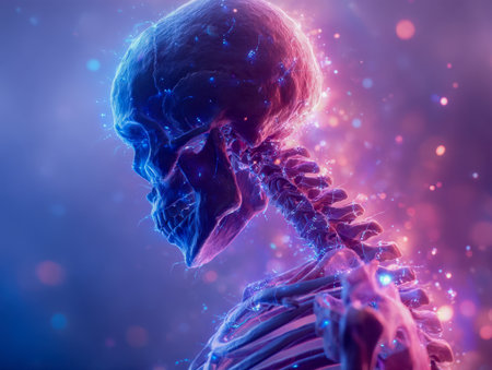 A luminous side profile of a human skeletal structure bathed in radiant blue and violet hues, set against a softly blurred backdrop for a striking, futuristic effectの写真素材