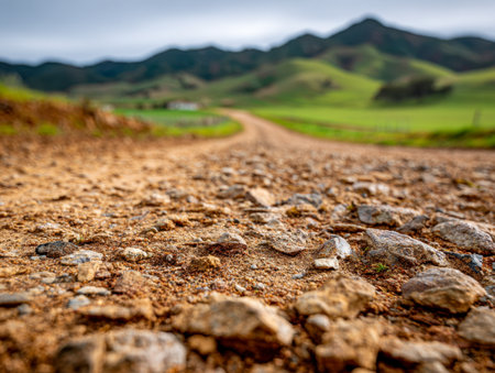 A rugged rural trail meanders through uneven earth, leading toward lush hills beneath an overcast sky, capturing tranquility in a remote countryside landscape.の写真素材