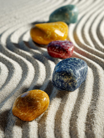 Vibrant stones meticulously arranged on a sand surface, whose gentle ripple patterns evoke serenity and harmony in a peaceful zen garden scene.の写真素材