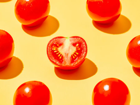 An eye-catching display of ripe cherry tomatoes clustered against a cheerful yellow backdrop, with one sliced open to showcase lush, seed-filled insides.の写真素材