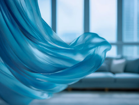 A delicate, shimmering blue textile drifts gently through a sleek interior space, complemented by softly blurred panoramic windows and contemporary decor.の写真素材