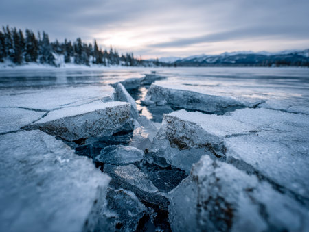 A fragile winter thaw exposes shimmering icy depths, bathed in warm sunset hues, with distant snow-laden woods and majestic mountains creating a peaceful horizon.の写真素材