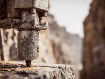 A robust, aged drill bit slices into coarse rock, set against a softly focused rocky landscape bathed in warm outdoor sunlight, highlighting industrial strength and ruggeの写真素材