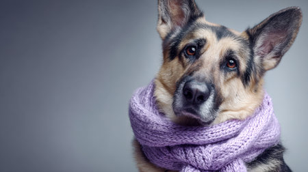 A gentle German shepherd with a warm lavender knit scarf gazes thoughtfully to the side, set against a simple, softly lit gray backdrop.の写真素材