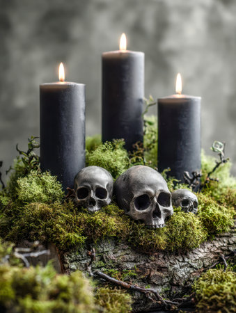 Juxtaposed on textured bark, flickering ebony candles cast shadows over lush moss and tiny ornate skulls, crafting a haunting scene full of mystery and dark allure.の写真素材