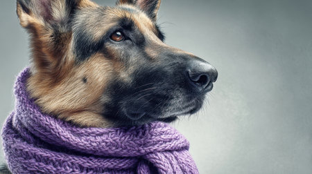A gentle German shepherd sports a plush lavender scarf, gazing pensively to the side, set against a neutral gray backdrop perfect for winter fashion imagery.の写真素材