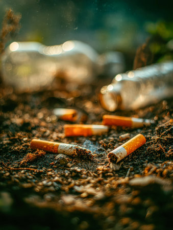 A stark scene of neglected waste scattered across parched earth, highlighting environmental pollution and the consequences of human carelessness in nature.の写真素材