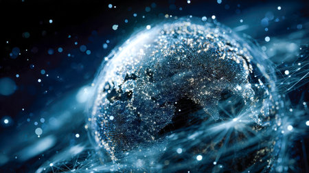 A high-tech, glowing sphere showcasing bright urban hubs interconnected by luminous data pathways, embodying the future of worldwide connectivity and innovation.の写真素材