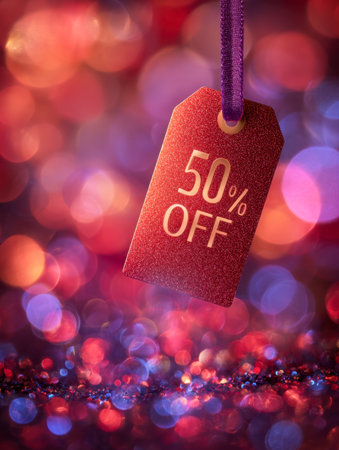 A shimmering promotional tag featuring fifty percent off adorns a lively backdrop of colorful, blurred festive lights, creating an energetic atmosphere for a holidayの写真素材