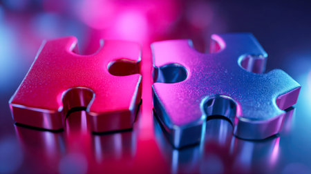 Two glossy metallic fragments in energetic pink and blue shades align against a reflective backdrop, forming an abstract visual symbol of unity and synergy.の写真素材