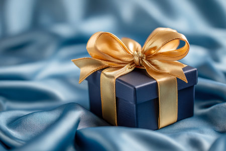 A sophisticated navy blue box adorned with a dazzling gold ribbon and bow rests on plush satin fabric, evoking opulence for moments of joy and celebration.の写真素材