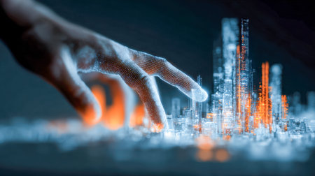 A human hand gently touches a luminous, high-tech urban landscape projection, featuring shimmering towers and innovative designs in moody blue and fiery orange hues.の写真素材
